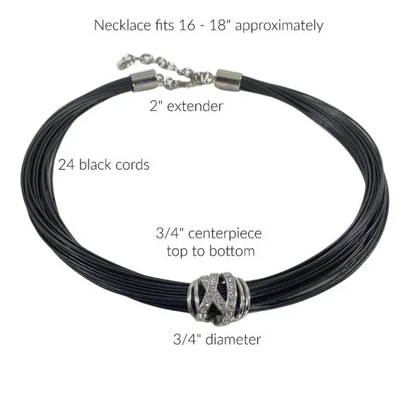 Black Cord/Stainless Steel/Crystals Necklace - Picture 3 of 4